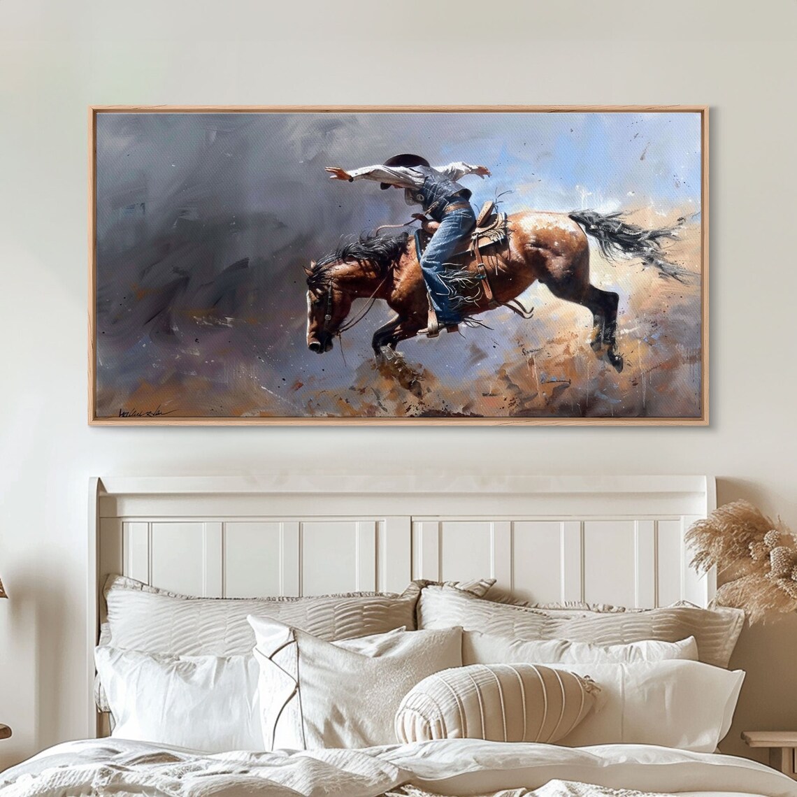 Rodeo Cowboy Riding Bucking Horse Mid Buck Dramatic Western Art Poster