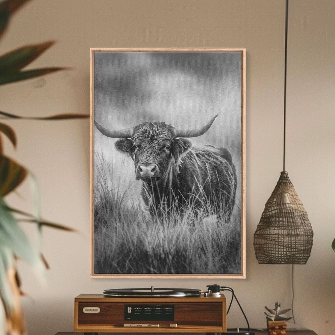Black And White Highland Cow Misty Meadow Longhorn Cattle Art Poster - Image 2