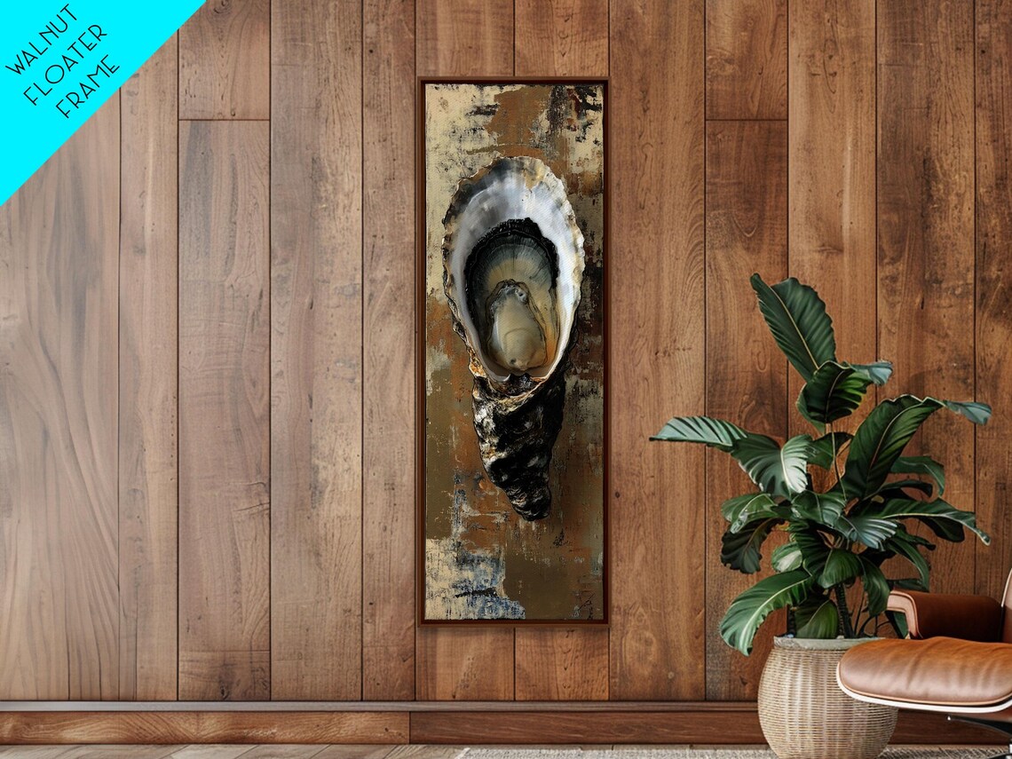 Open Oyster Shell Pearl Center Dark Gold Textured Coastal Still Life Poster