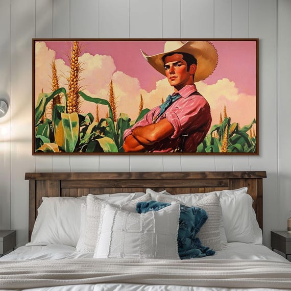 Surreal Cowboy Art Farmer Amongst The Corn Framed Print Farmhouse Pop Art Rustic Boho Style 1950s Retro Art