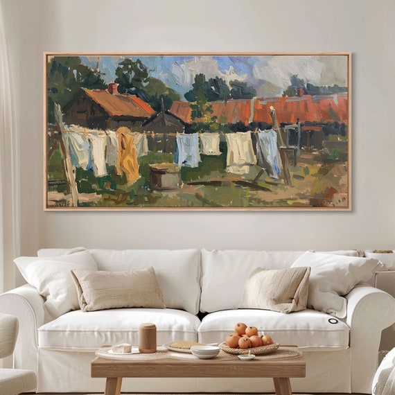 Rustic Homestead With Clothesline Framed Print Farmhouse Style Living Room Art Country Decor Vintage Scene