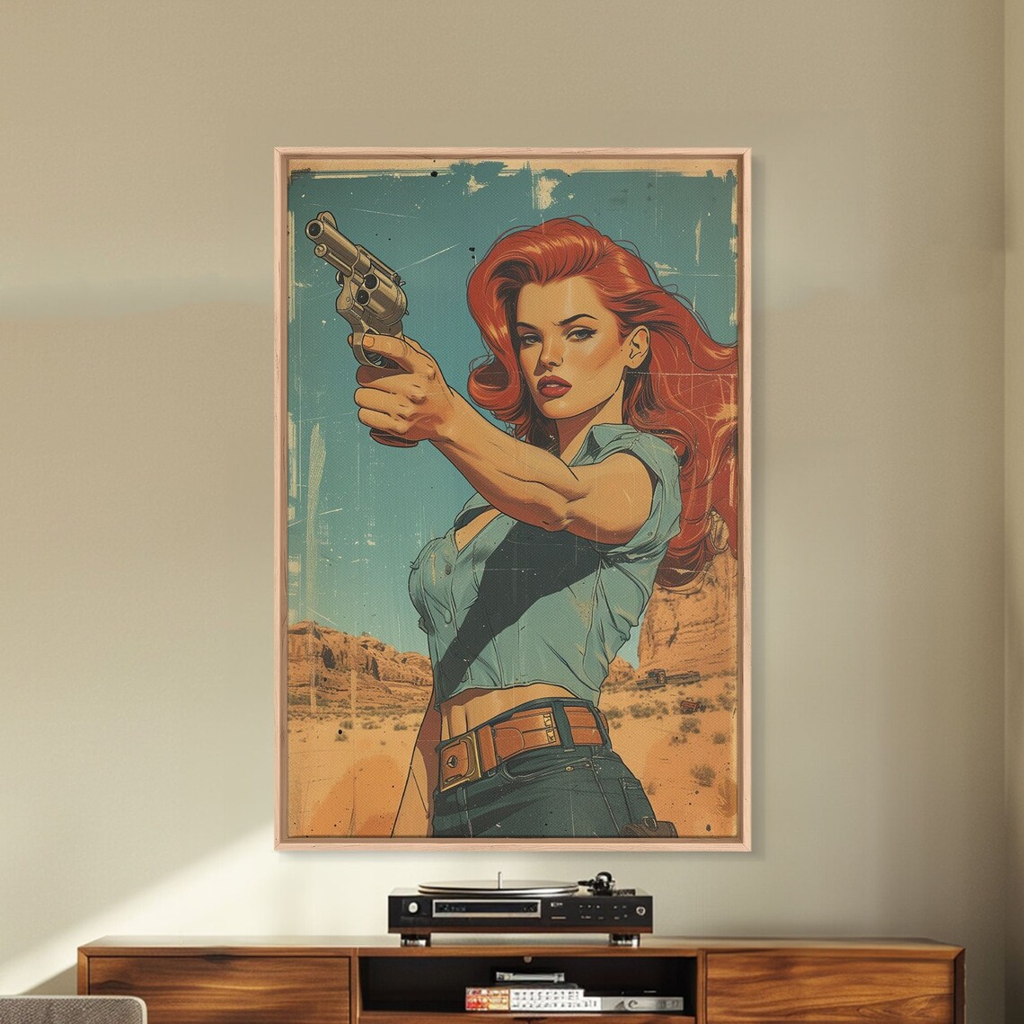 Retro Pinup Cowgirl Redhead Revolver Desert Comic Western Wall Art - Image 4