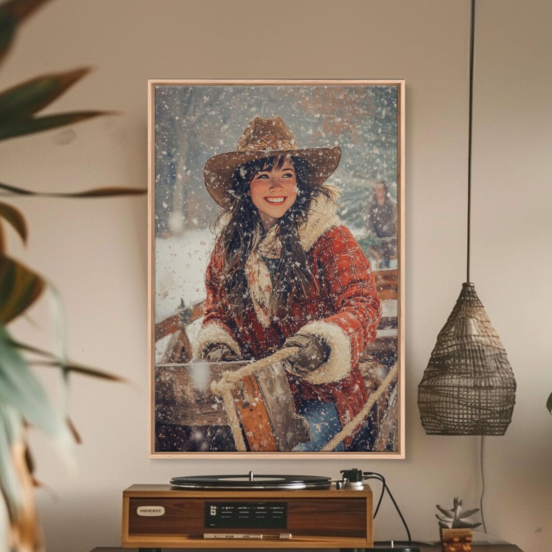Cheerful Cowgirl Pulling Sled Snowfall Winter Vintage Holiday Wall Art - Image 5