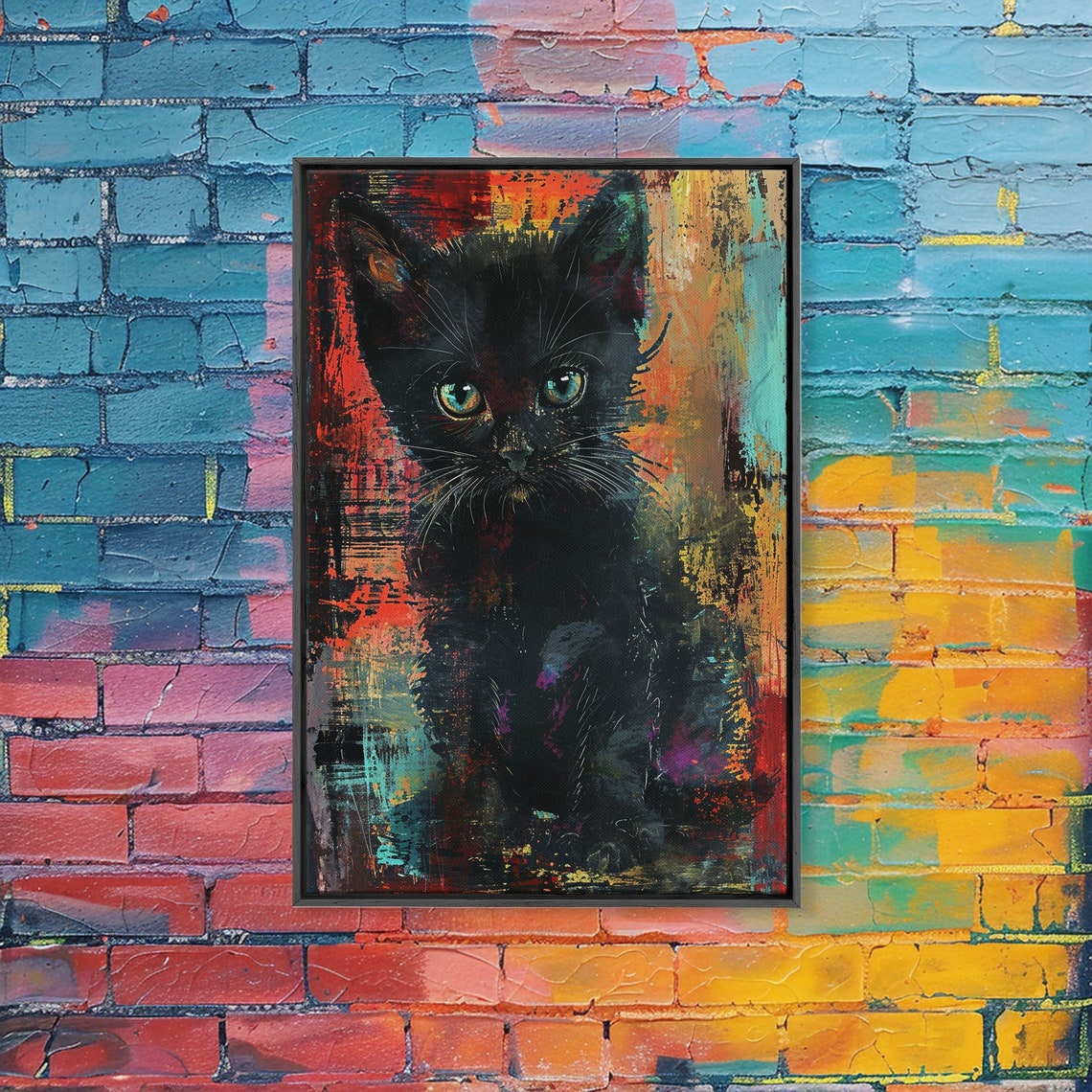 Black Kitten Abstract Painting Poster with Colorful Brushstroke Back - Image 3