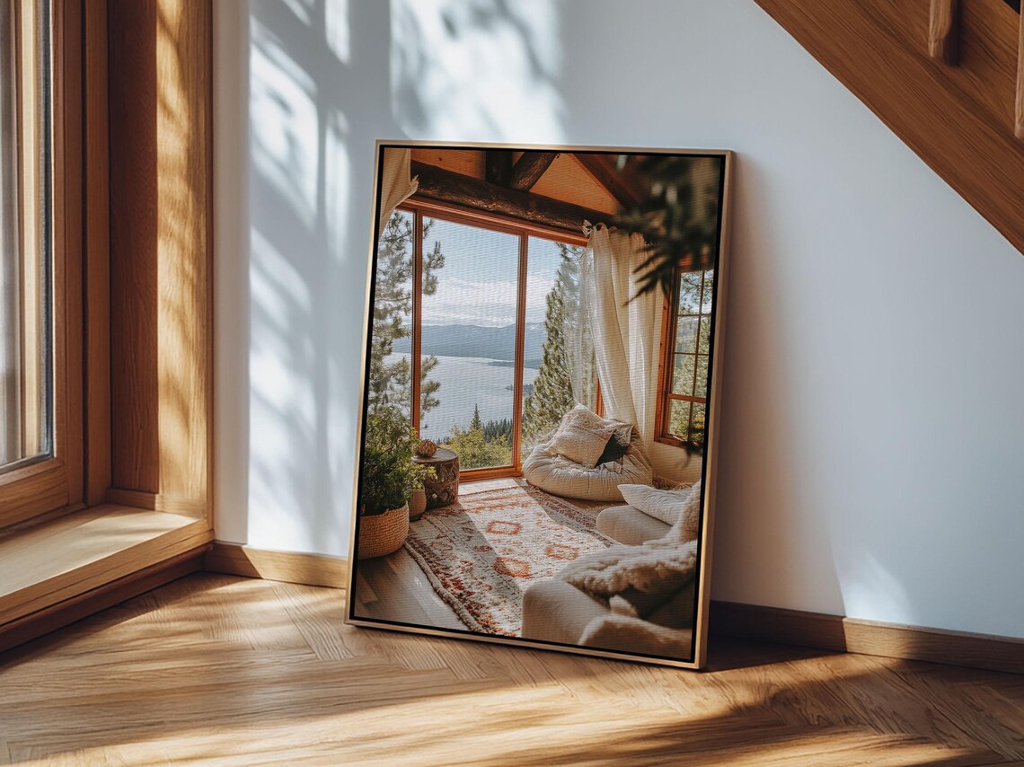 Cozy Lakeside Cabin Sunroom Panoramic Mountain Lake View Rustic Travel Poster - Image 5