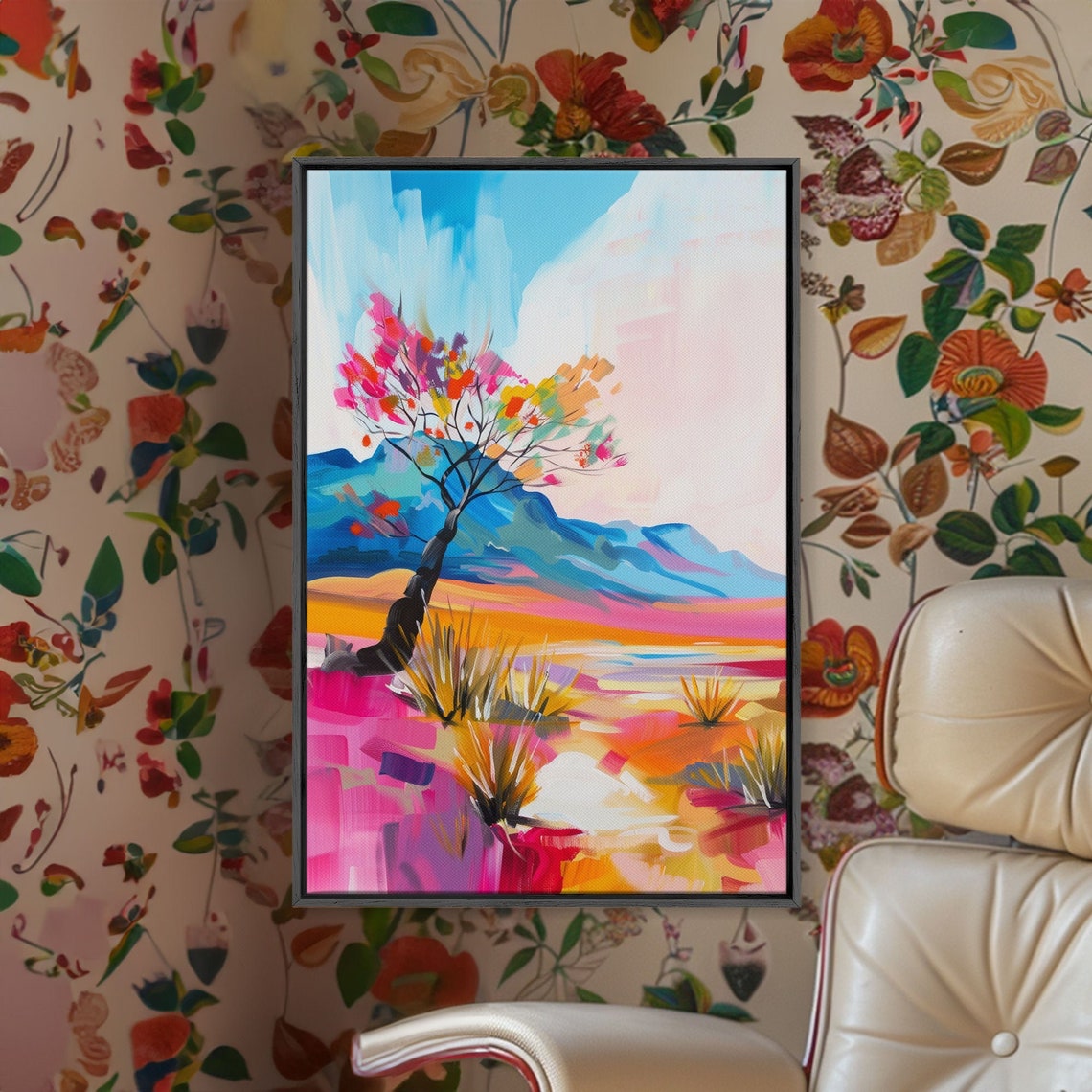 Colorful Desert Tree Blooming Mountain Oasis Landscape Art Poster