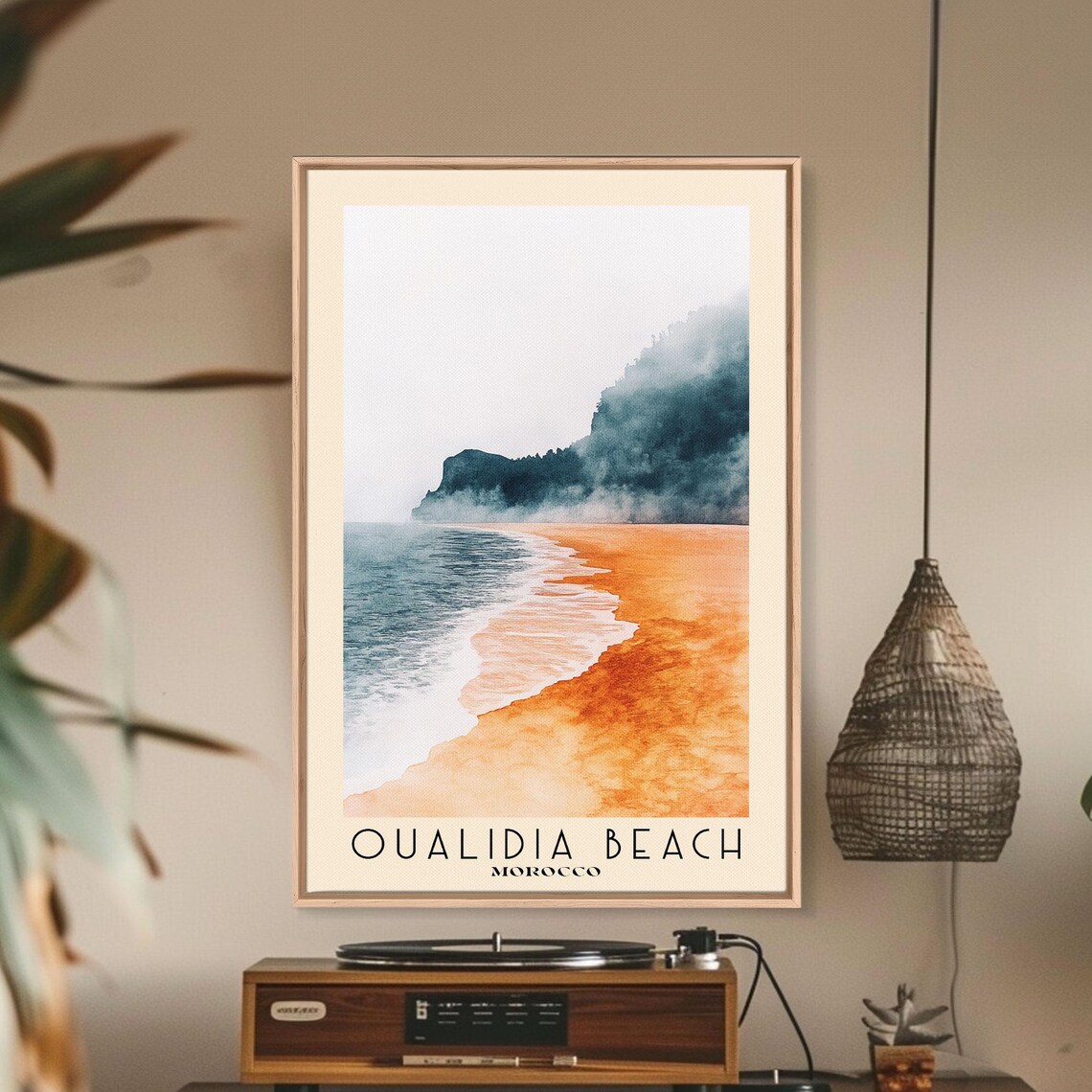 Oualidia Beach Morocco Golden Sand Surf Misty Forest Headland Travel Poster - Image 2