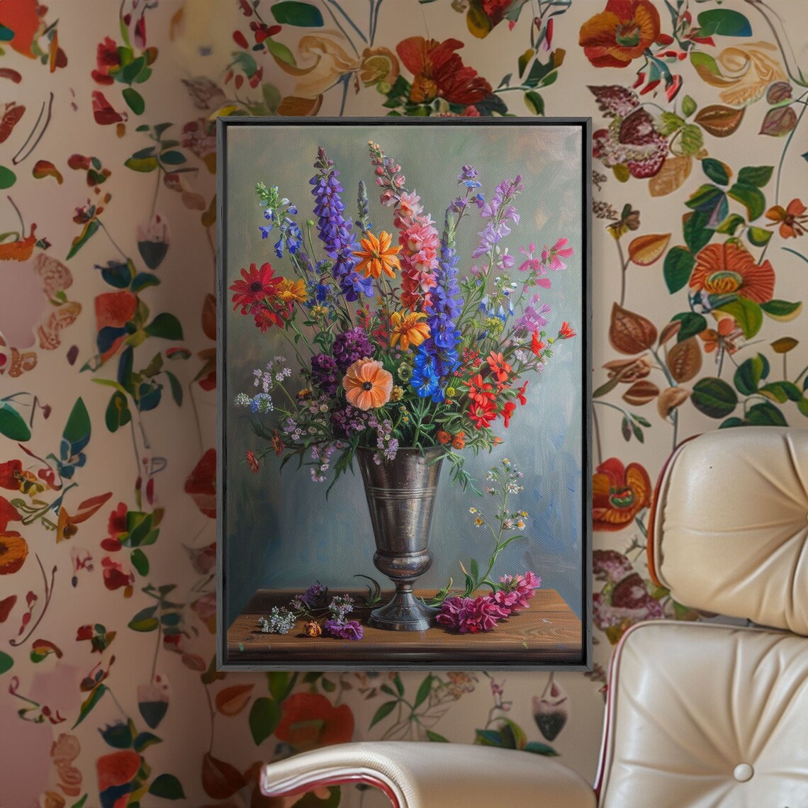 Colorful Wildflower Bouquet Silver Vase Classic Still Life Art Poster