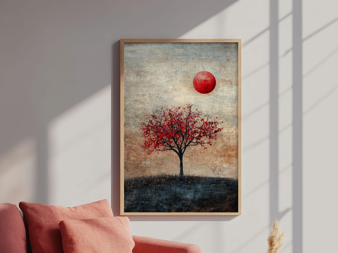Red Tree Under Red Sun Wabi Sabi Minimalist Zen Landscape Art Poster - Image 4