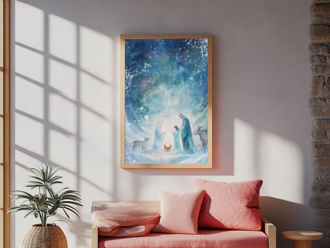 Watercolor Nativity Painting, Rustic Christmas Decor - Image 5