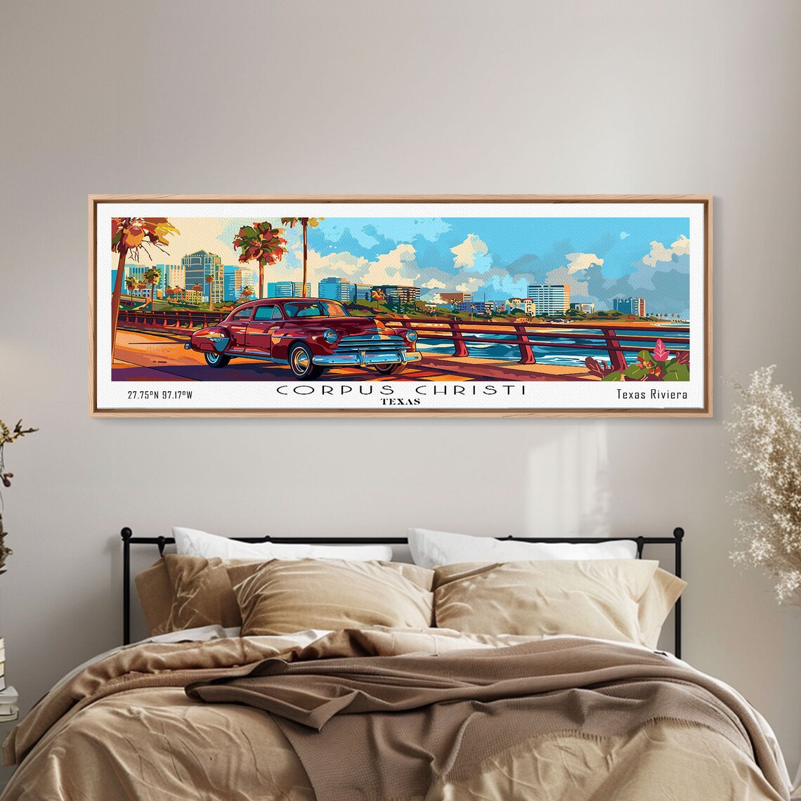 Corpus Christi Texas Bayfront Vintage Red Car Harbor View Travel Poster