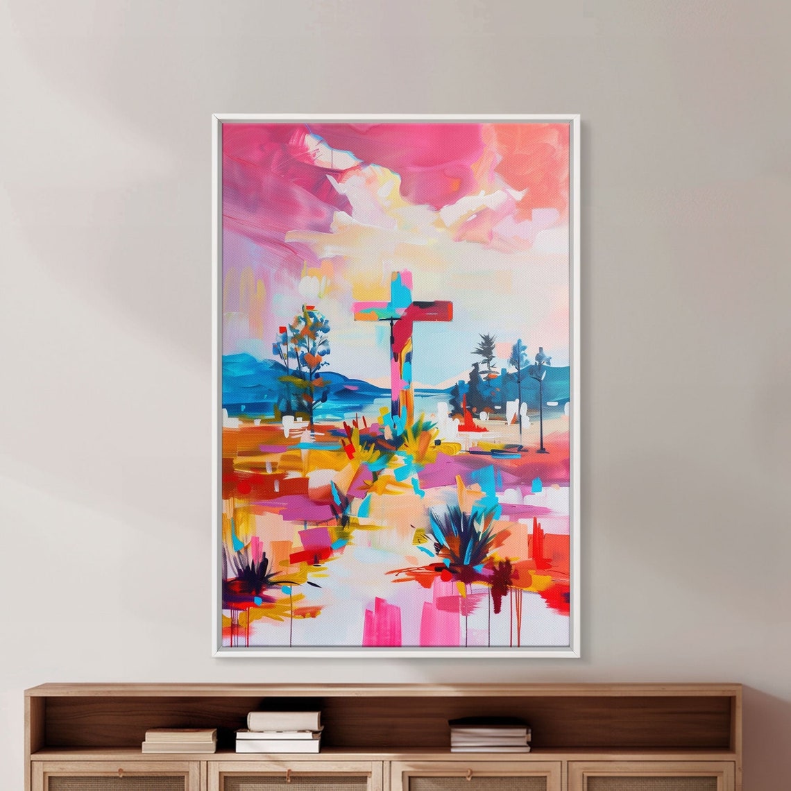 Colorful Cross Abstract Landscape Pink Blue Modern Faith Wall Art - Image 5