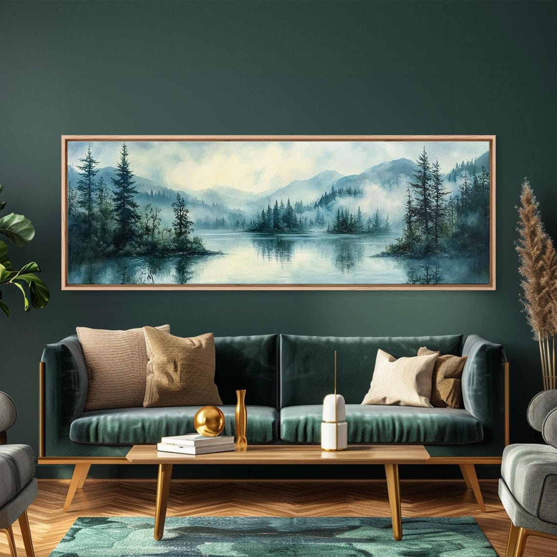 Fog Over The Lake Panoramic Painting Print Rustic Decor Panoramic Ultra Wide Wall Art For Above Bed Or Sofa Moody Decor - Image 4