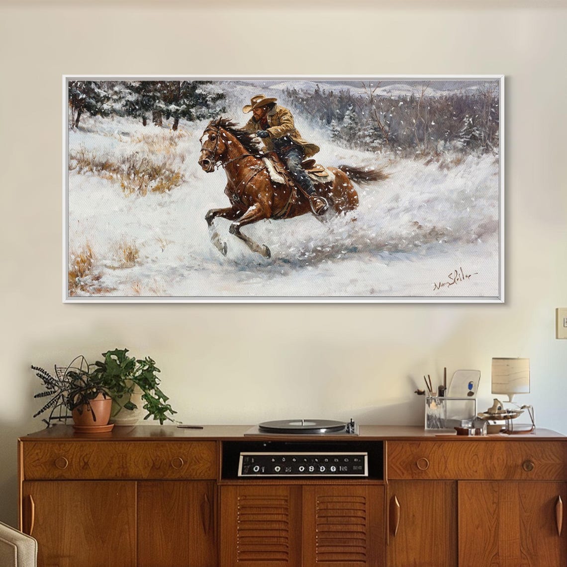 Cowboy Galloping Through Deep Snow On Horseback Winter Action Poster - Image 5