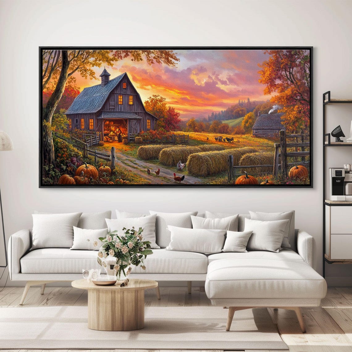 Rustic Barn Sunset Harvest Hay Bales Pumpkins Fall Landscape Art