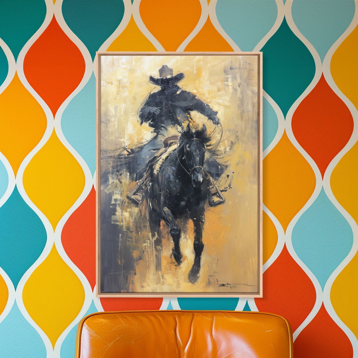 Cowboy On Charging Black Horse Painterly Western Chase Wall Art - Image 3