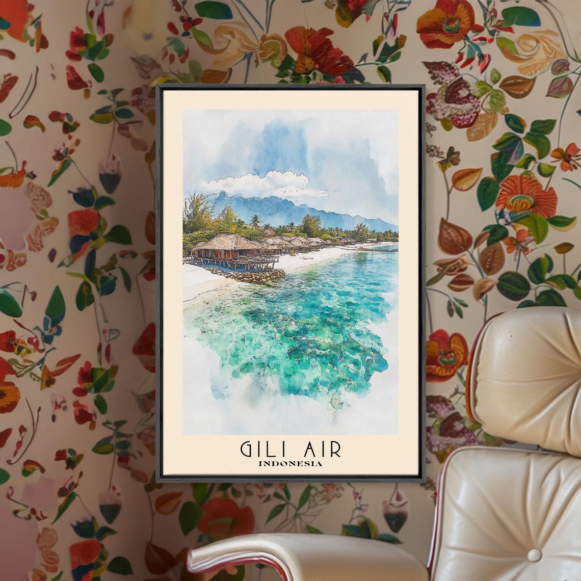 Gili Air Indonesia Overwater Huts Crystal Reef Mountain View Poster - Image 2