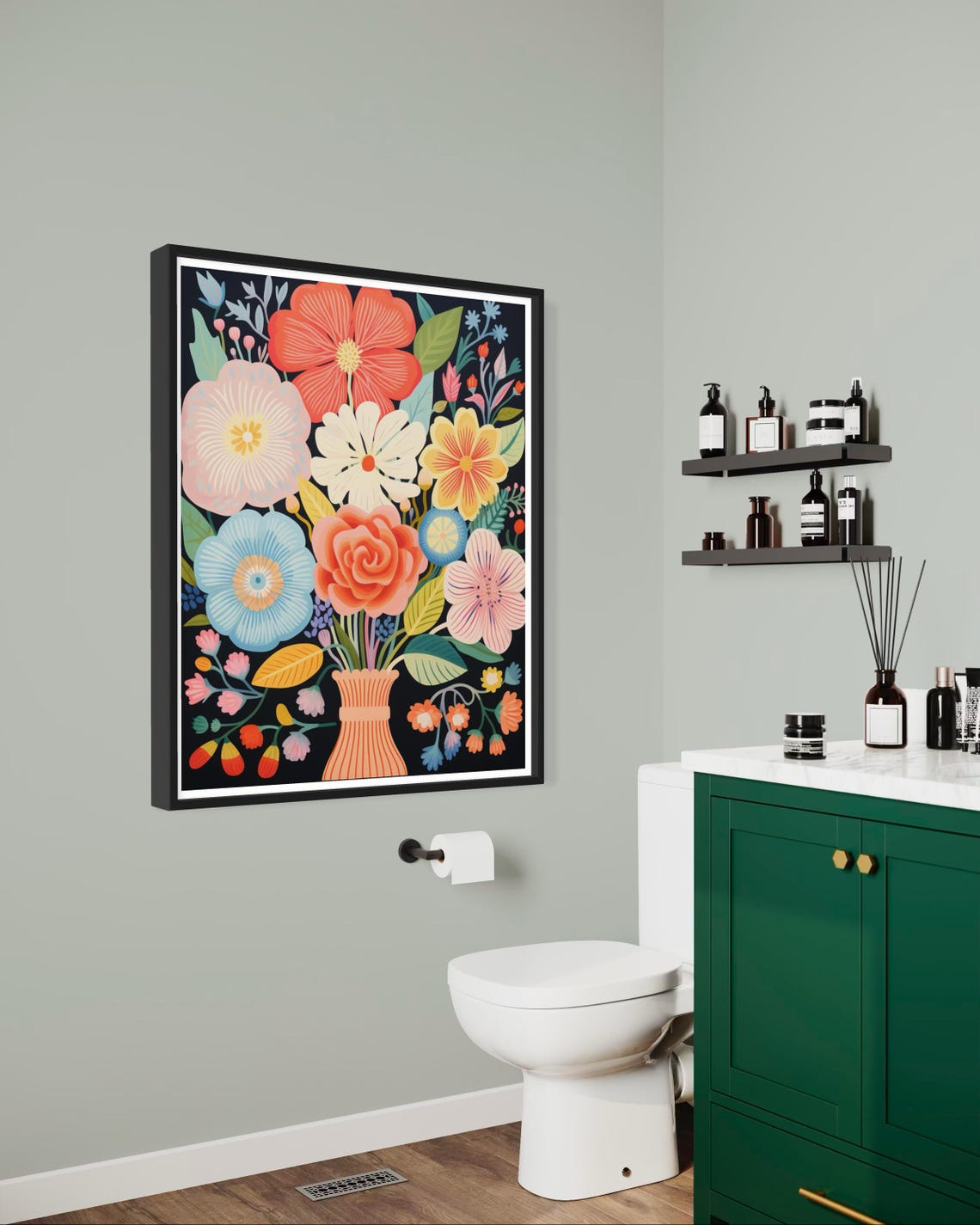 Coral And Blue Flower Bouquet In Vase On Black Botanical Poster - Image 7