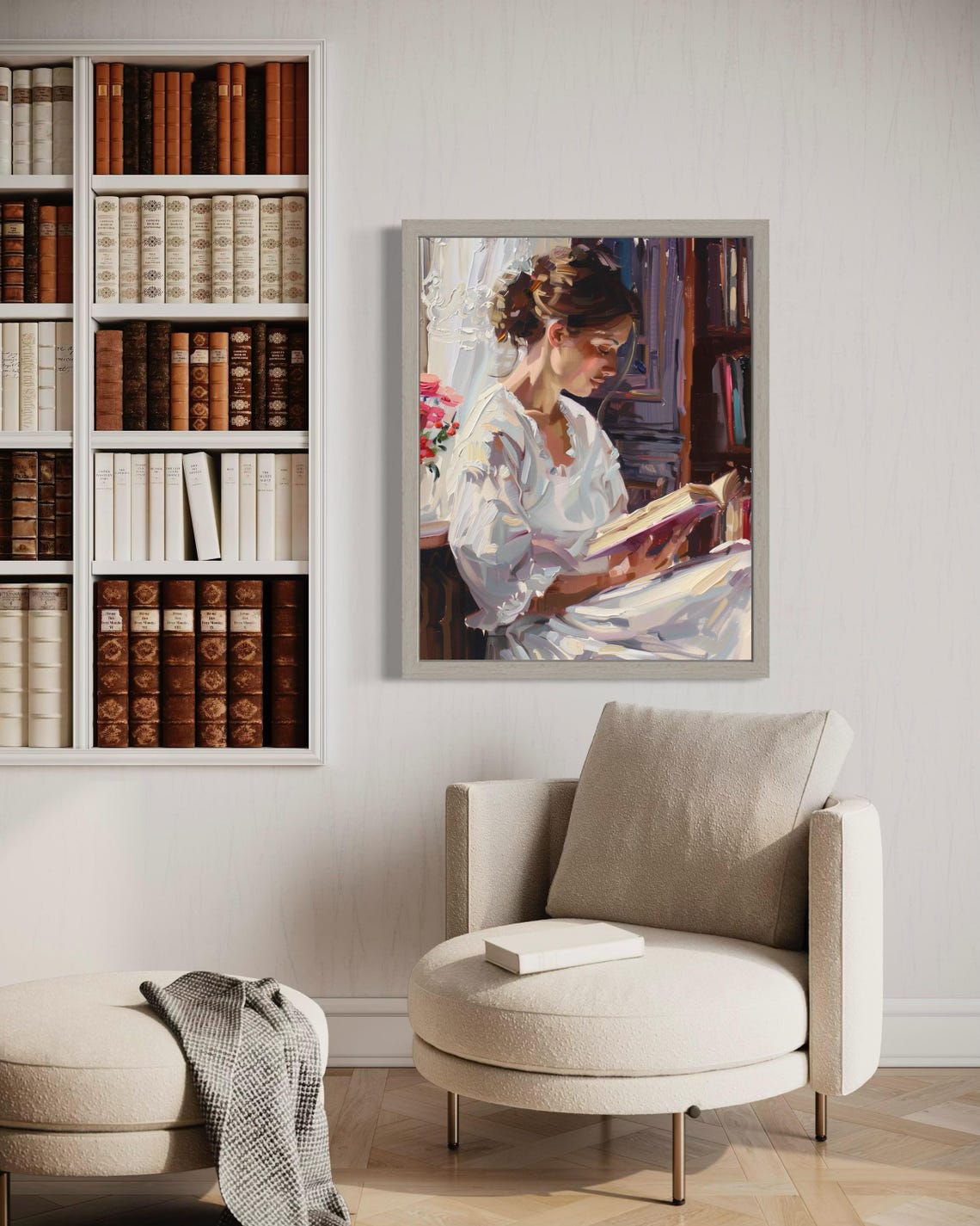 Woman Reading In White Dress Impressionist Library Oil Art Poster - Image 2