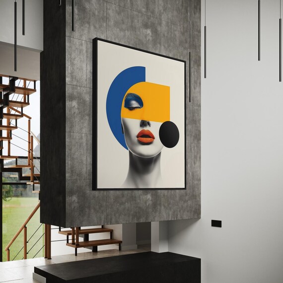 Abstract Grayscale Woman Face With Orange Lips and Blue Arc Art Poster