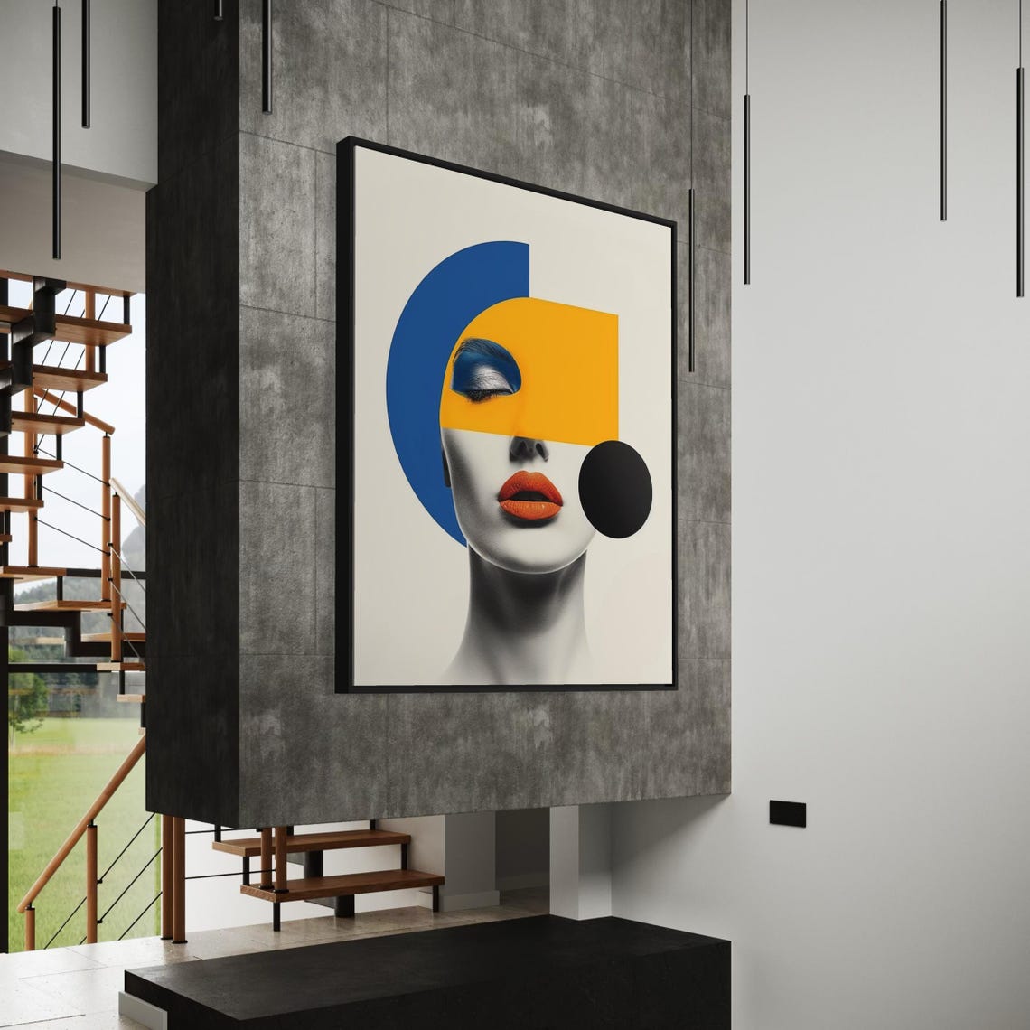 Abstract Grayscale Woman Face With Orange Lips and Blue Arc Art Poster