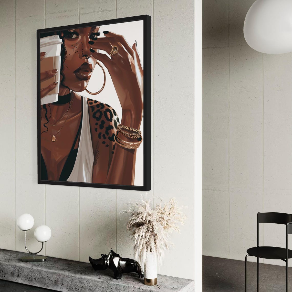 Black Woman Holding Coffee Cup Leopard Spots Glamour Art Poster - Image 2