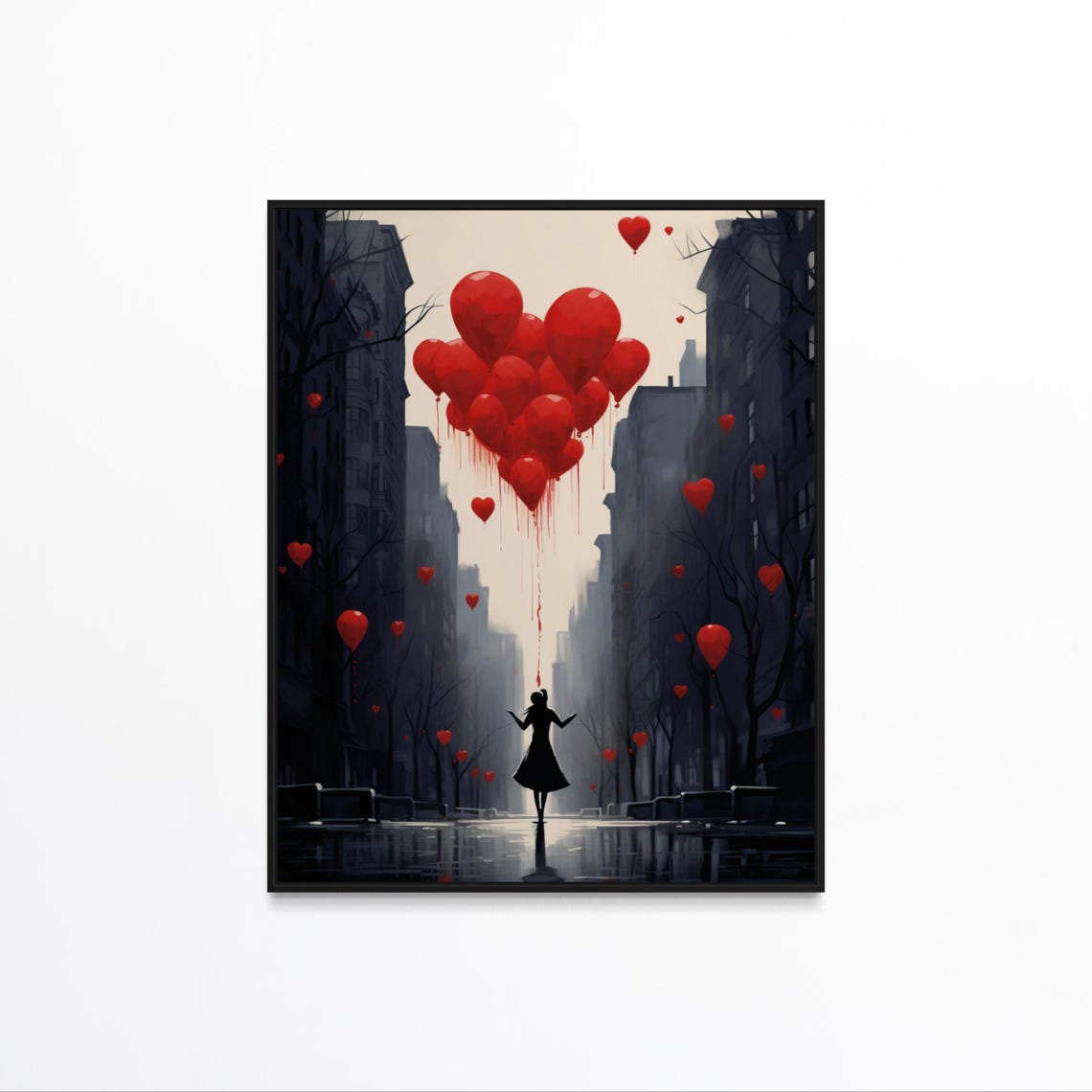 Silhouette Woman Red Heart Balloons Rainy City Street Poster