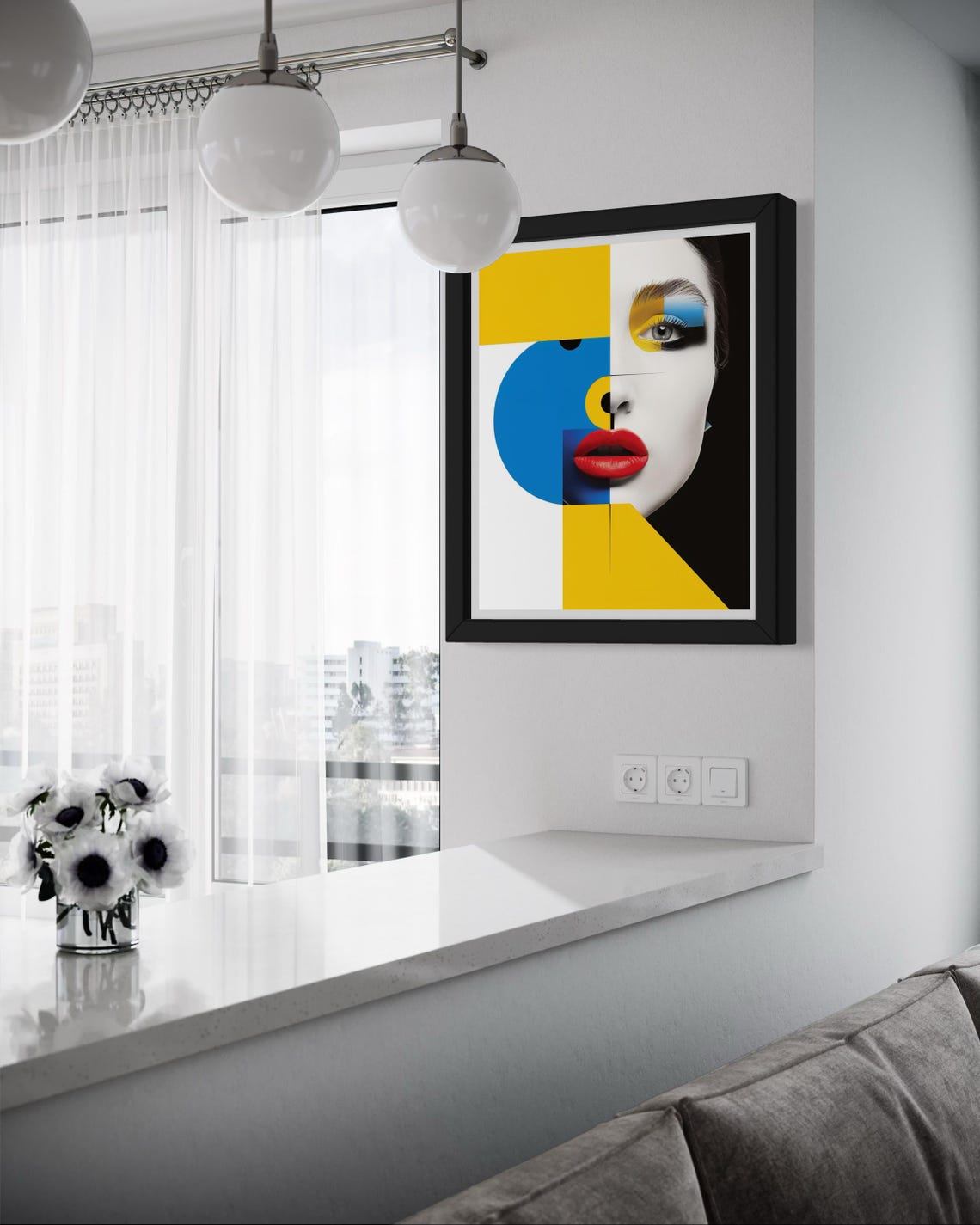 Abstract Pop Art Woman Portrait Yellow Blue Geometric Face Poster - Image 4