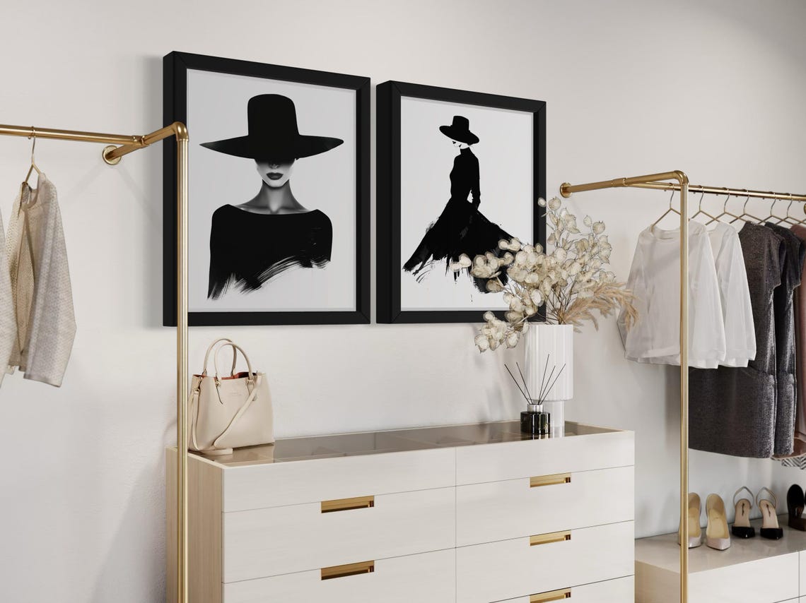 Two Piece Black And White Woman With Hat Portrait Art Print Set - Image 6