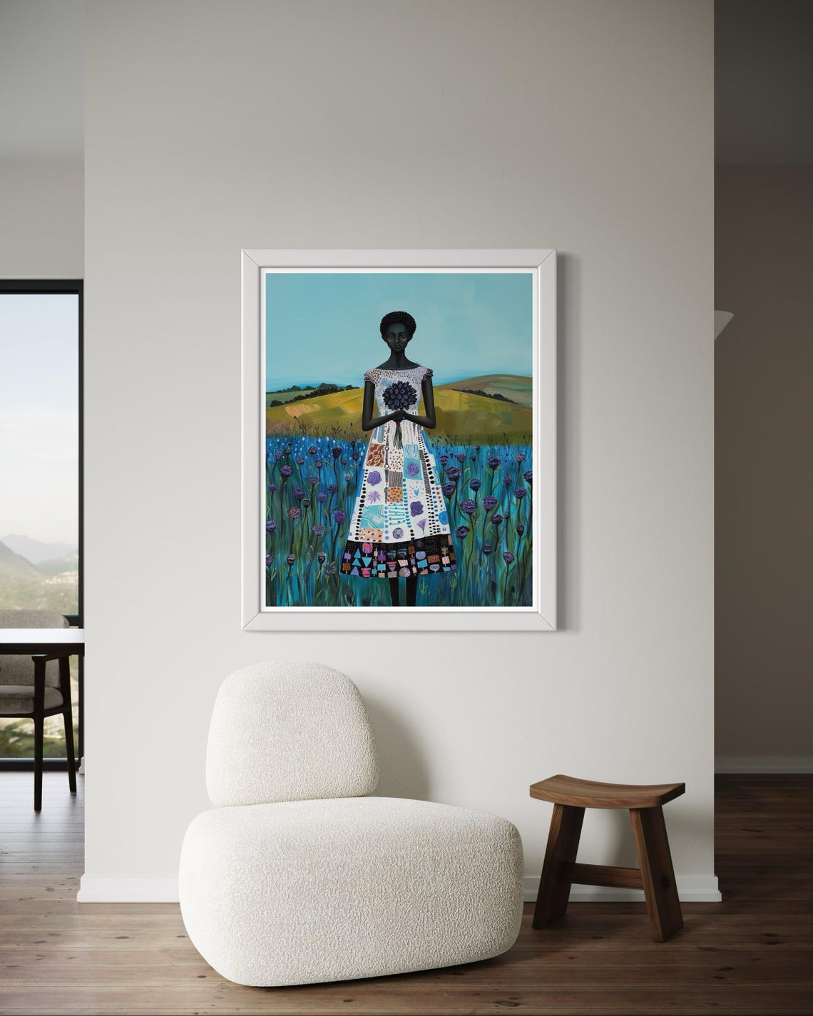 African Woman in Blue Flower Field Vibrant Nature Portrait Poster - Image 6
