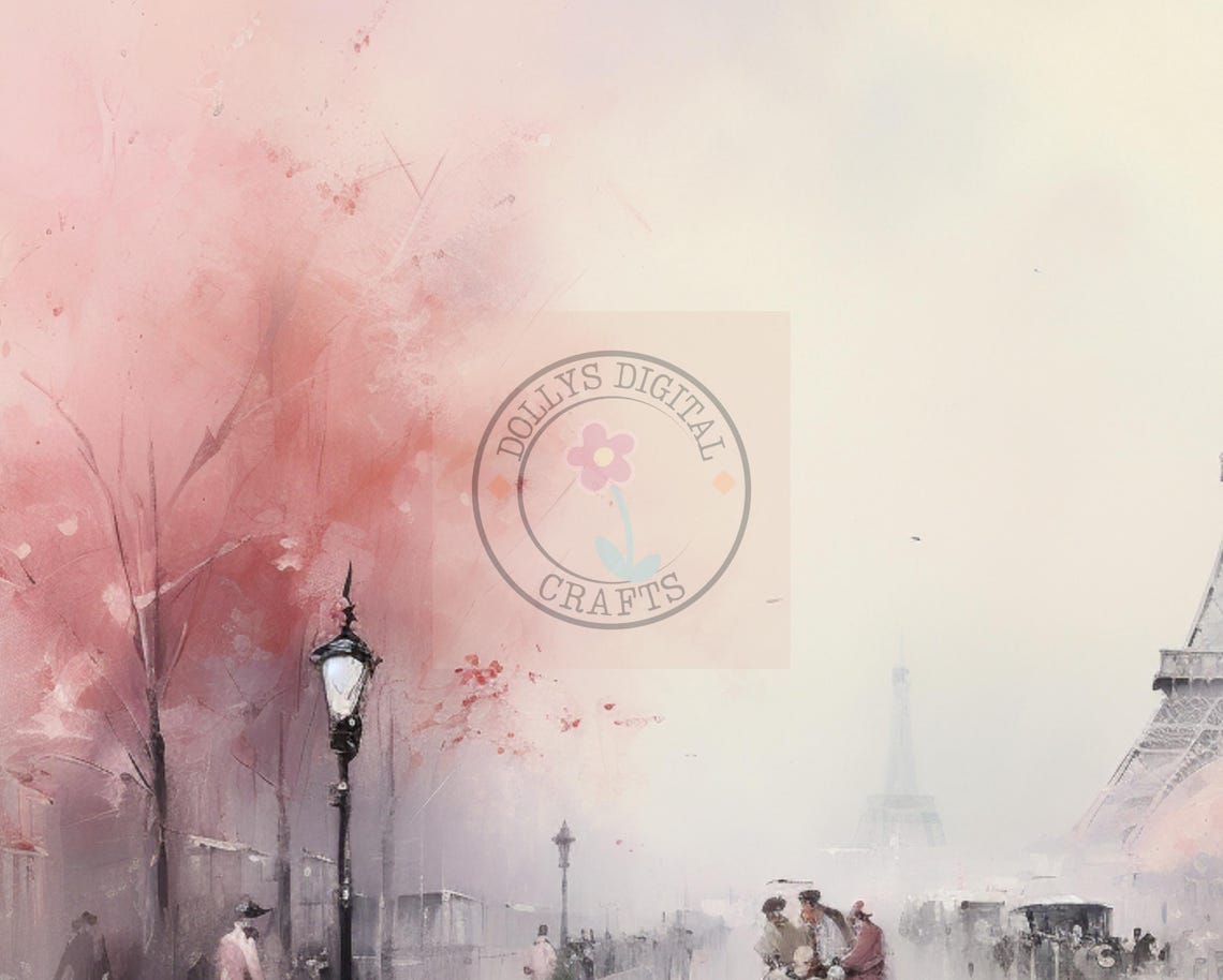 Romantic Paris Street Eiffel Tower Pink Blossom Watercolor Poster - Image 5