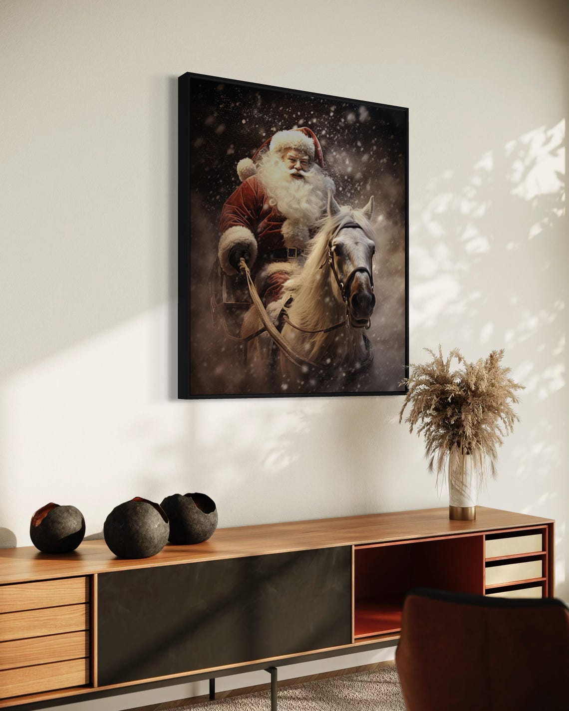 Vintage Santa Claus Riding White Horse Snowy Christmas Scene Poster - Image 2