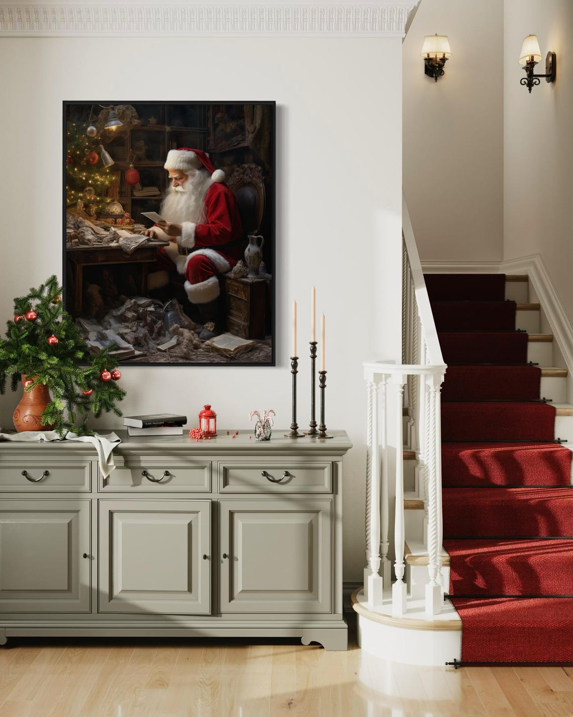 Vintage Santa Claus Reading Letters Cozy Christmas Workshop Art Print - Image 3