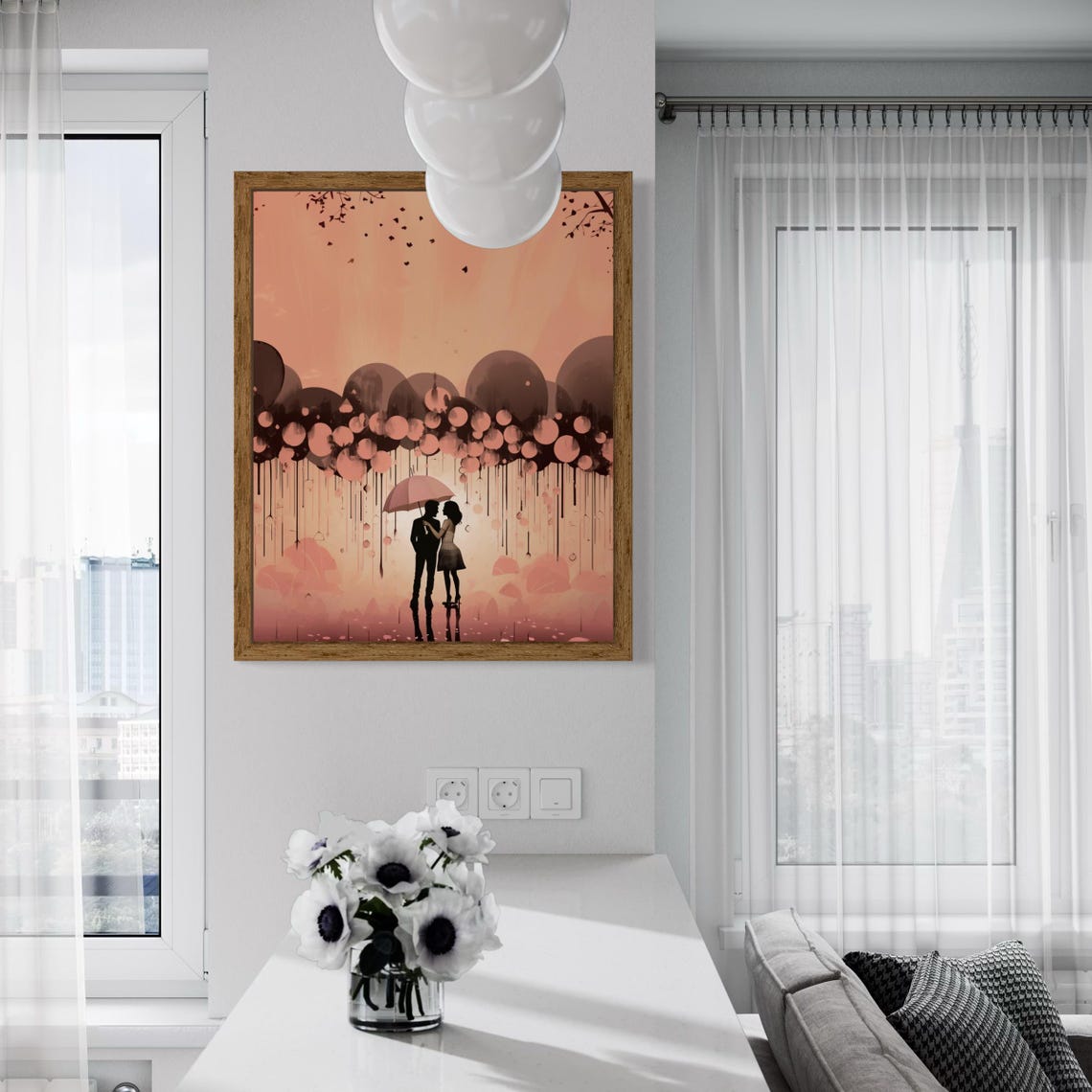 Couple Pink Umbrella Rain Silhouette Soft Romance Art Poster - Image 4