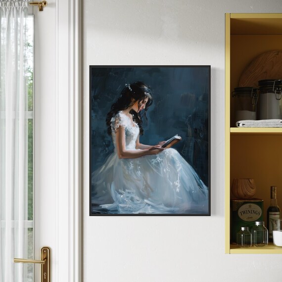 Victorian Woman Reading Wall Art Dark Academia Decor For Book Lovers Moody Reading Nook Painting Bookish Gift Idea