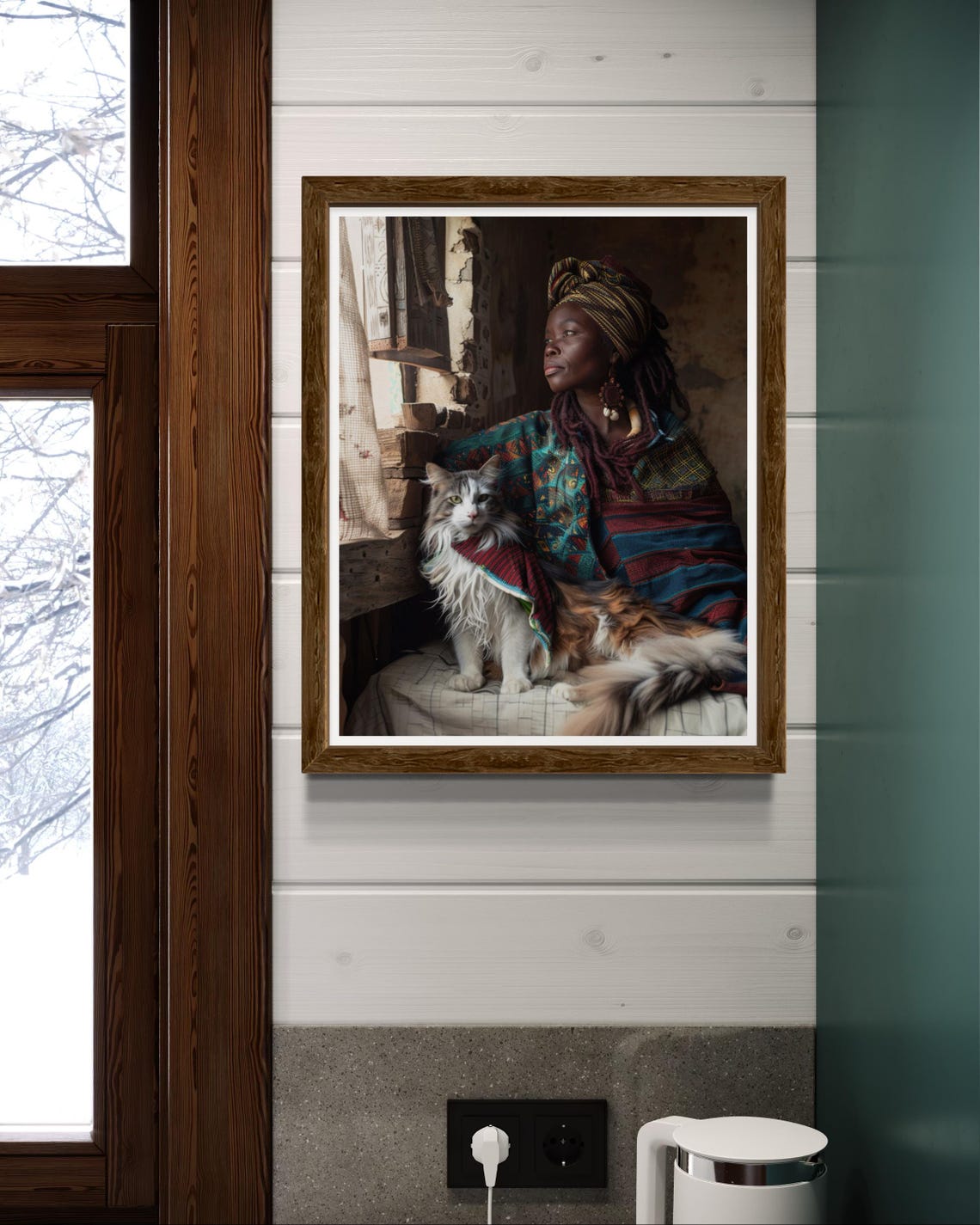 African Woman In Bohemian Shawl With Long Haired Cat Art Poster - Image 2