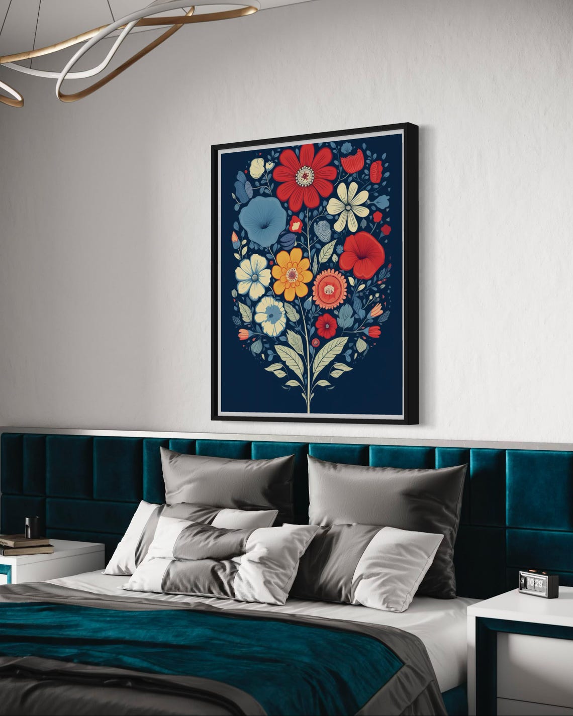 Folk Flower Bouquet On Dark Navy Red Orange Blossom Art Poster - Image 5