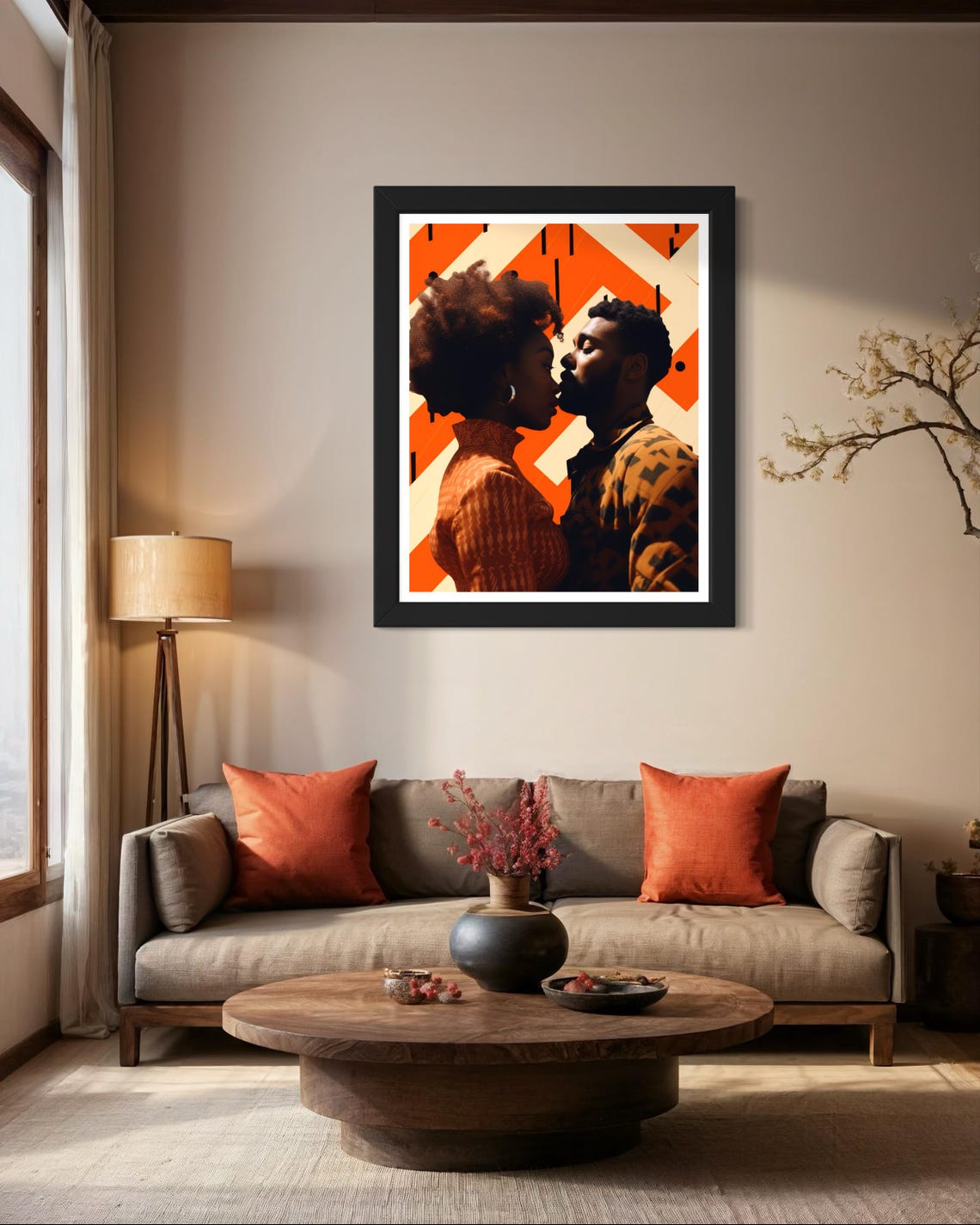 Black Couple Kiss Moment Orange Geometric Modern Romance Poster - Image 4