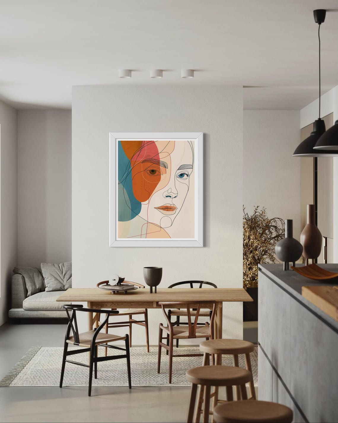 Line Art Woman Face Orange Teal Color Blocks Modern Portrait Poster - Image 3