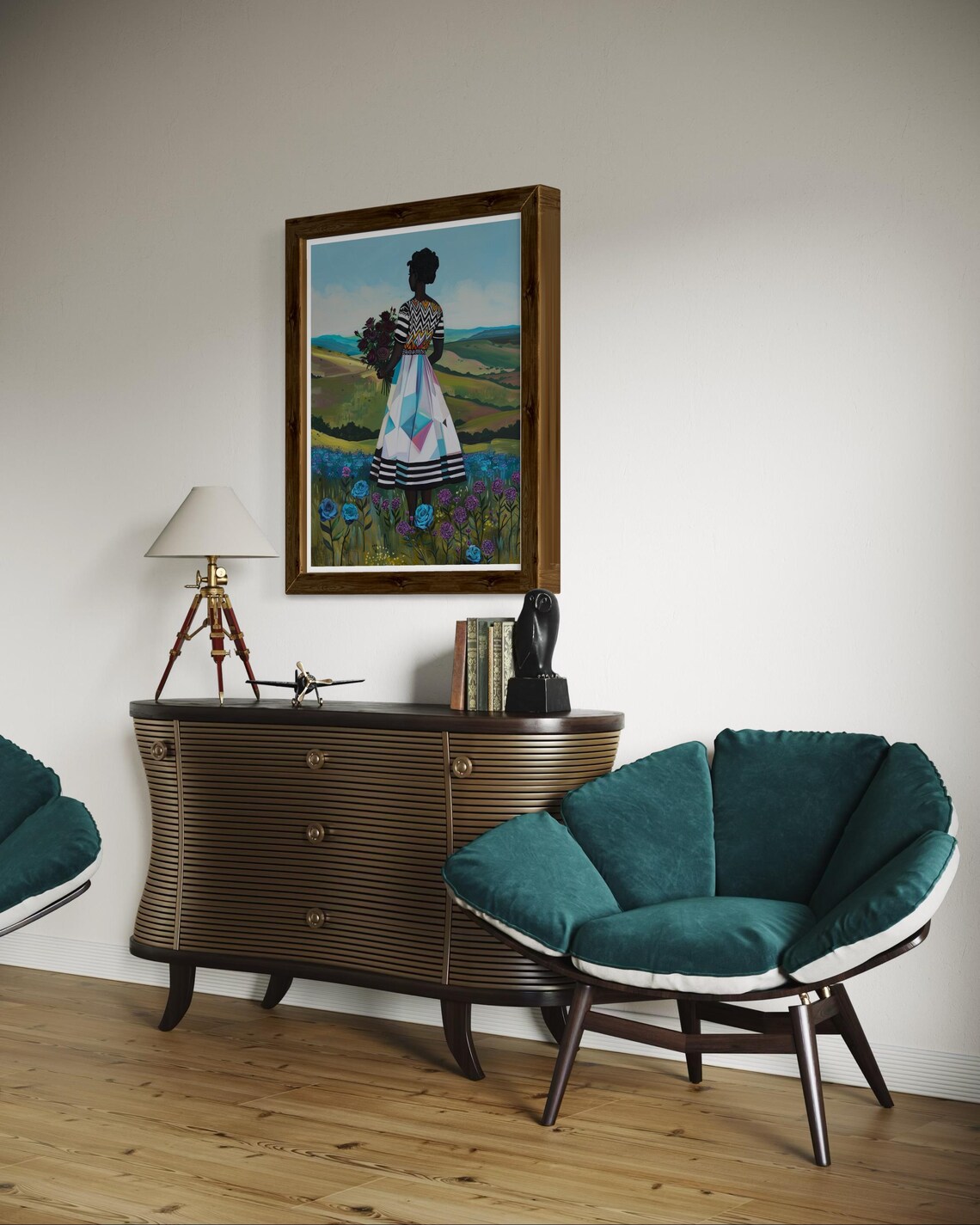African Woman With Floral Bouquet Art Afrocentric Nature Wall Art Vibrant Black Girl Painting Modern African Landscape Print - Image 4