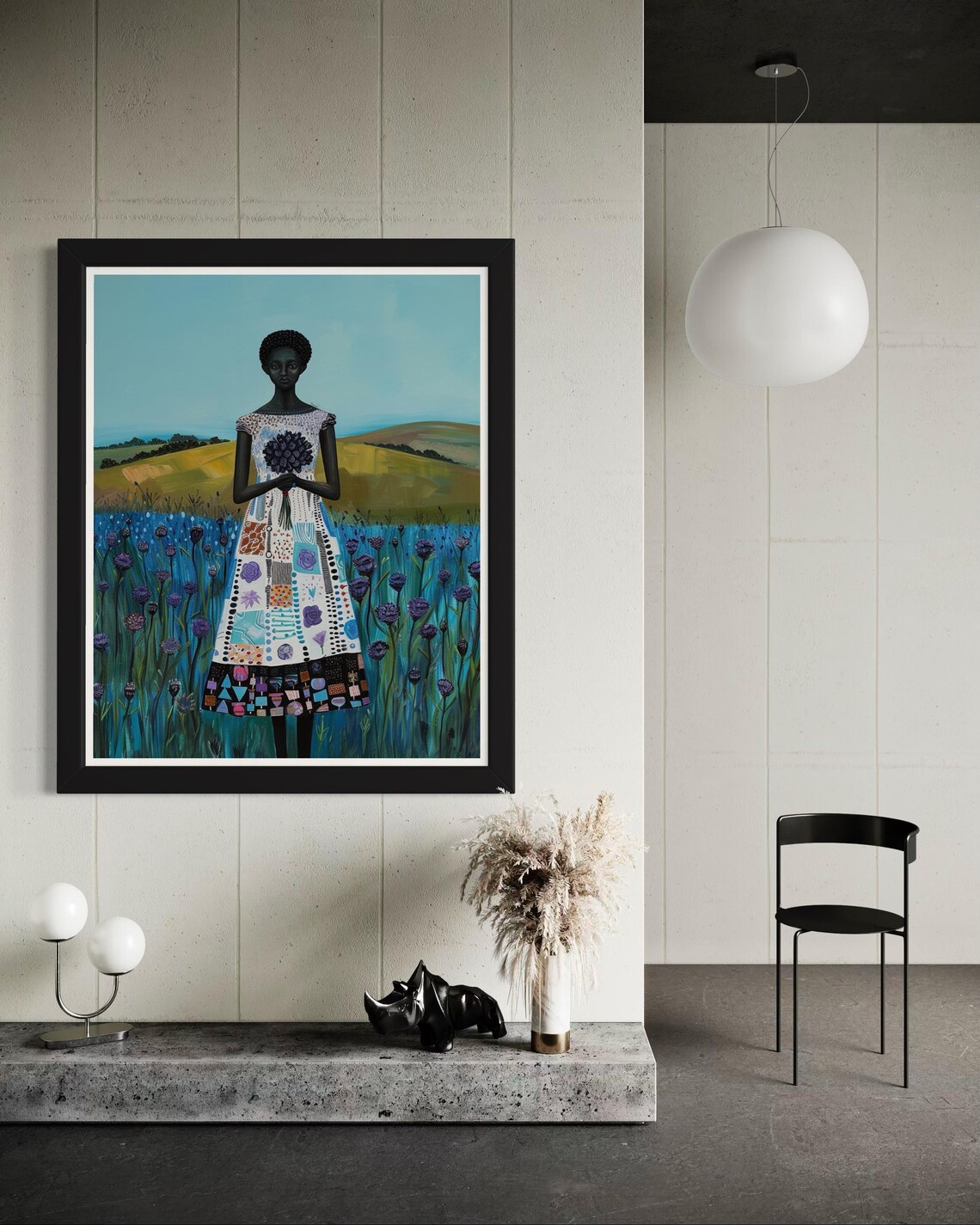African Woman in Blue Flower Field Vibrant Nature Portrait Poster