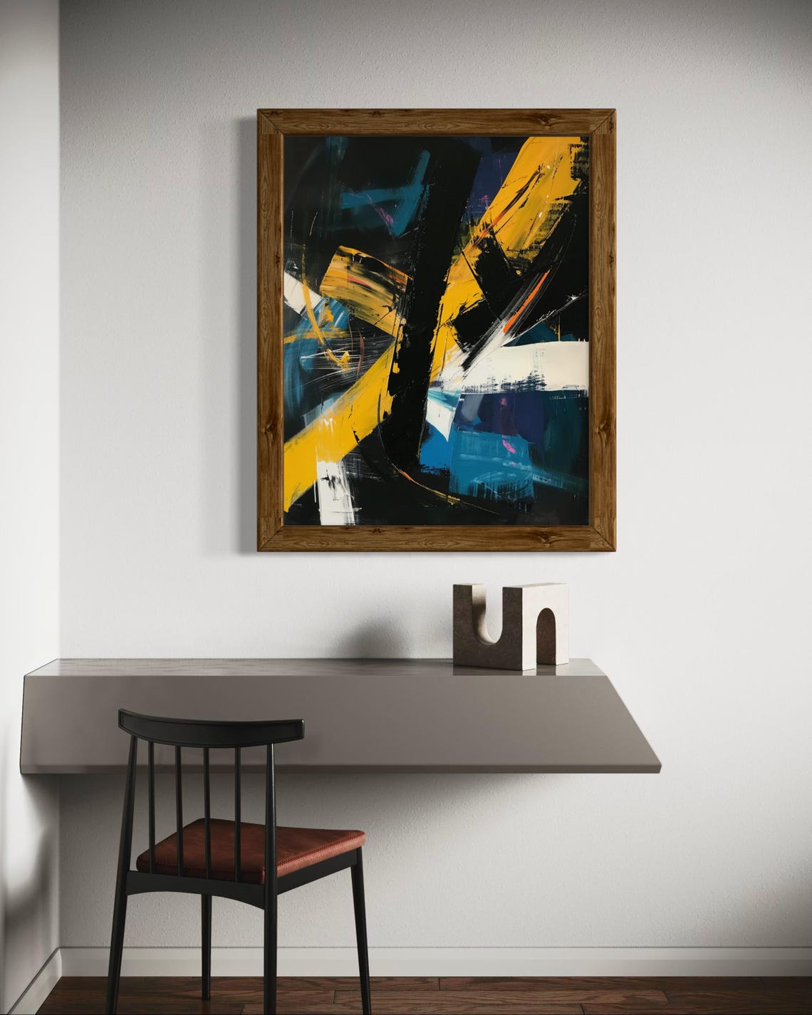 Dark Abstract Painting Yellow Blue White Bold Modern Wall Art - Image 4