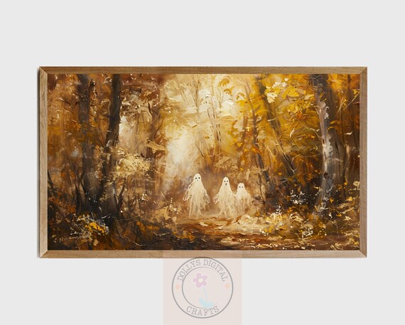 Spooky Cute Ghosts Autumn Forest Oil Painting Halloween Woods Art Print