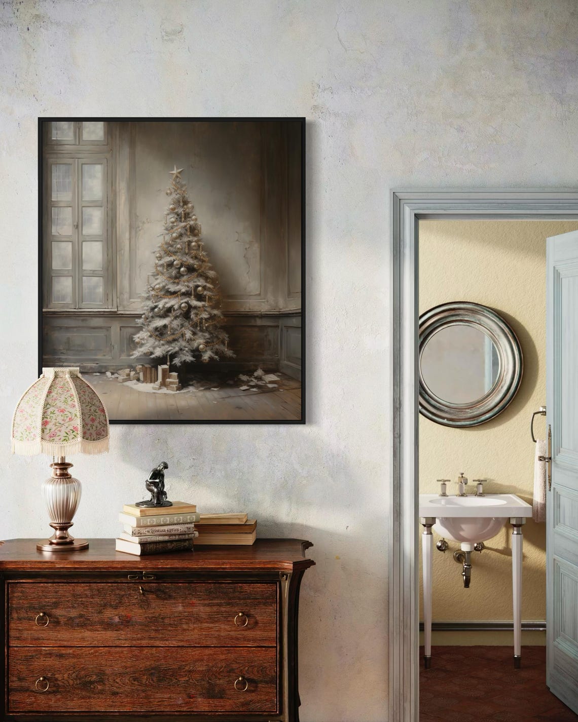 Minimalist White Christmas Tree Rustic Room Vintage Holiday Wall Art - Image 4