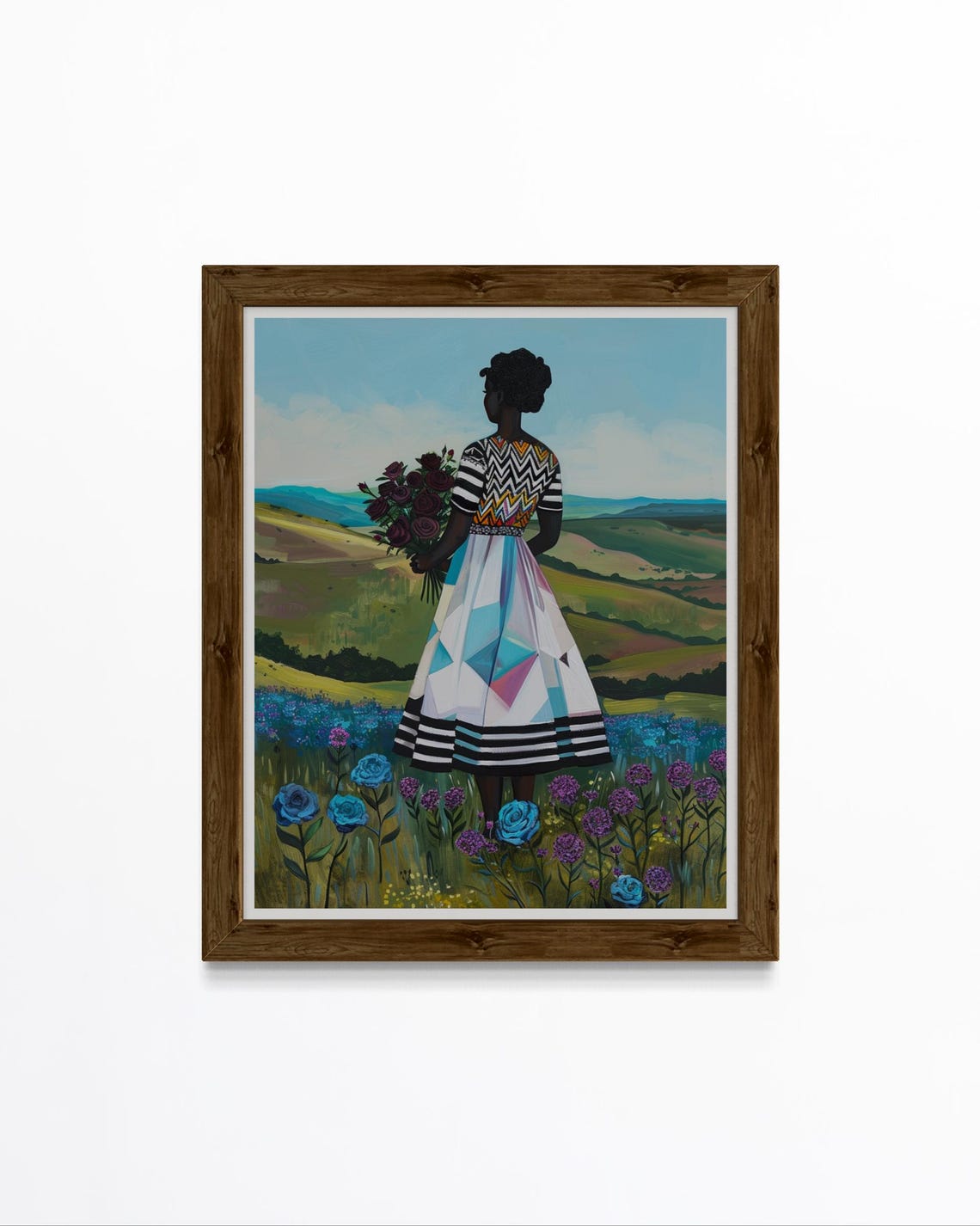 African Woman Holding Red Roses Bouquet In Flower Field Art Print