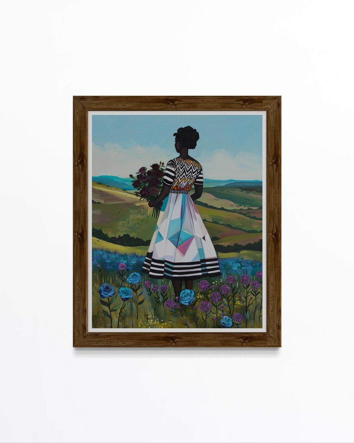 African Woman With Floral Bouquet Art Afrocentric Nature Wall Art Vibrant Black Girl Painting Modern African Landscape Print