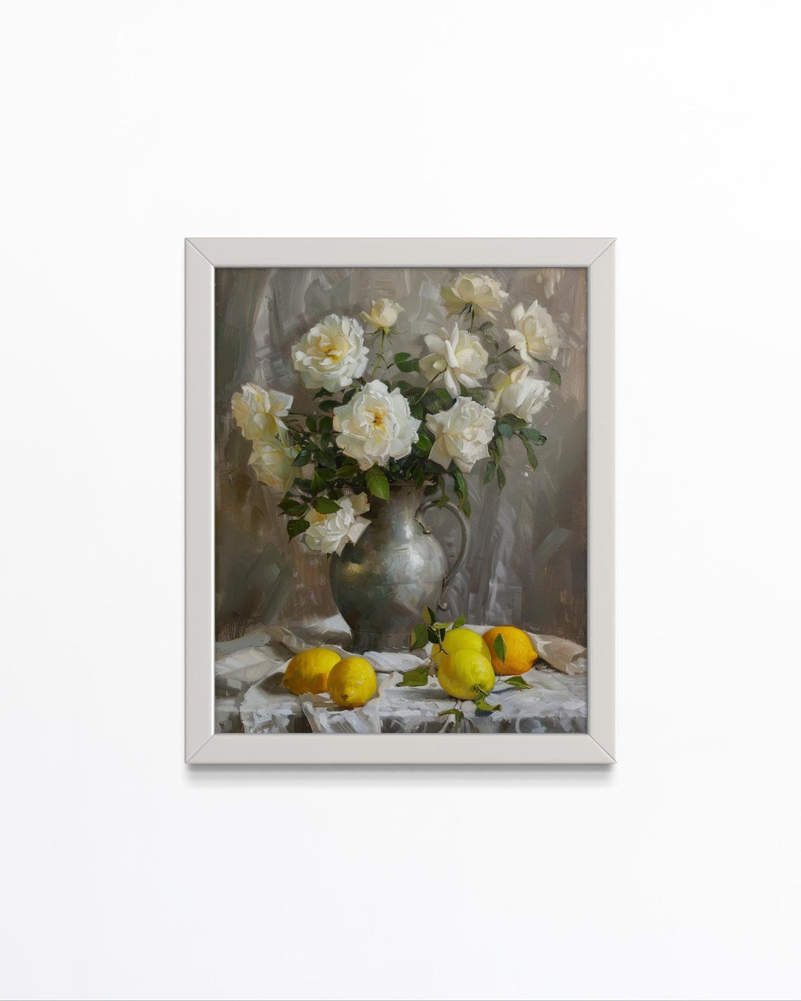 White Roses In Pitcher With Lemons Classic Still Life Art Poster