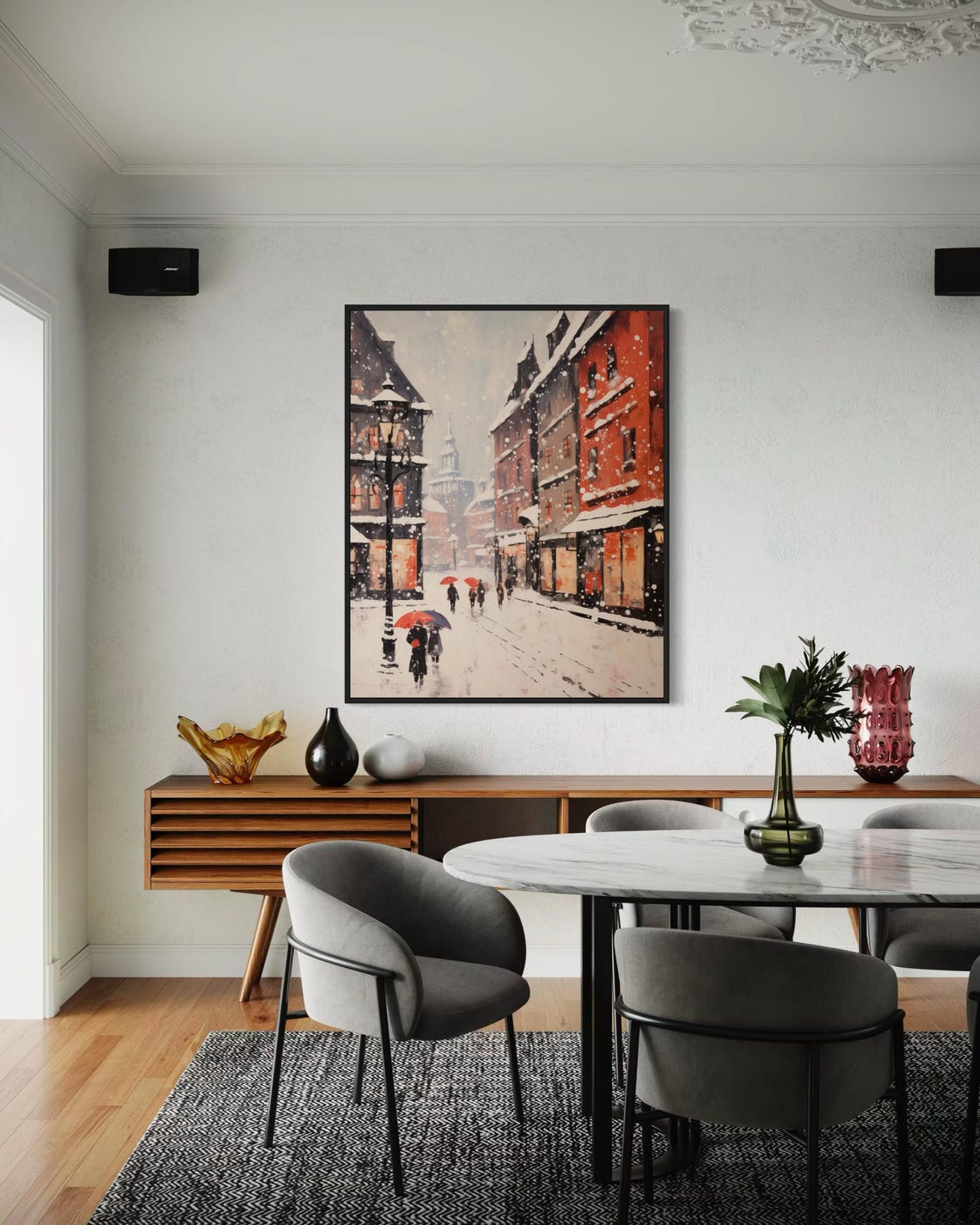 Snowy City Street Red Umbrellas Romantic Winter Scene Wall Poster - Image 7