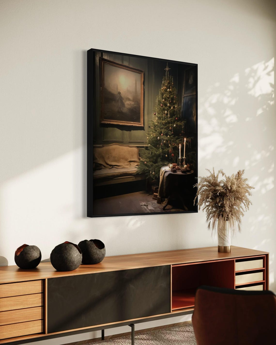 Cozy Christmas Room Tree Candlelight Moody Vintage Interior Wall Art - Image 4