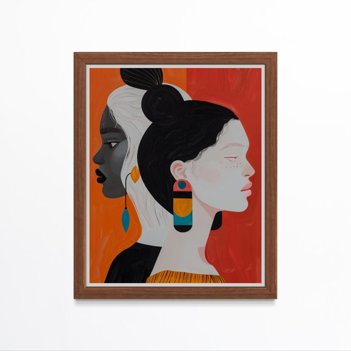 Two Women Profiles Facing Away With Color Earrings Pop Art Poster